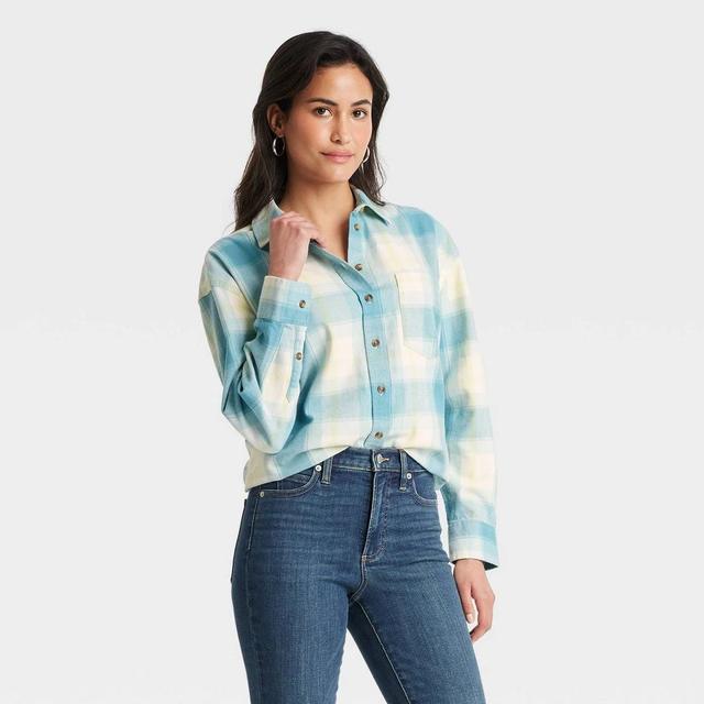 Womens Oversized Flannel Long Sleeve Collared Button-Down Shirt - Universal Thread Blue Plaid M Product Image