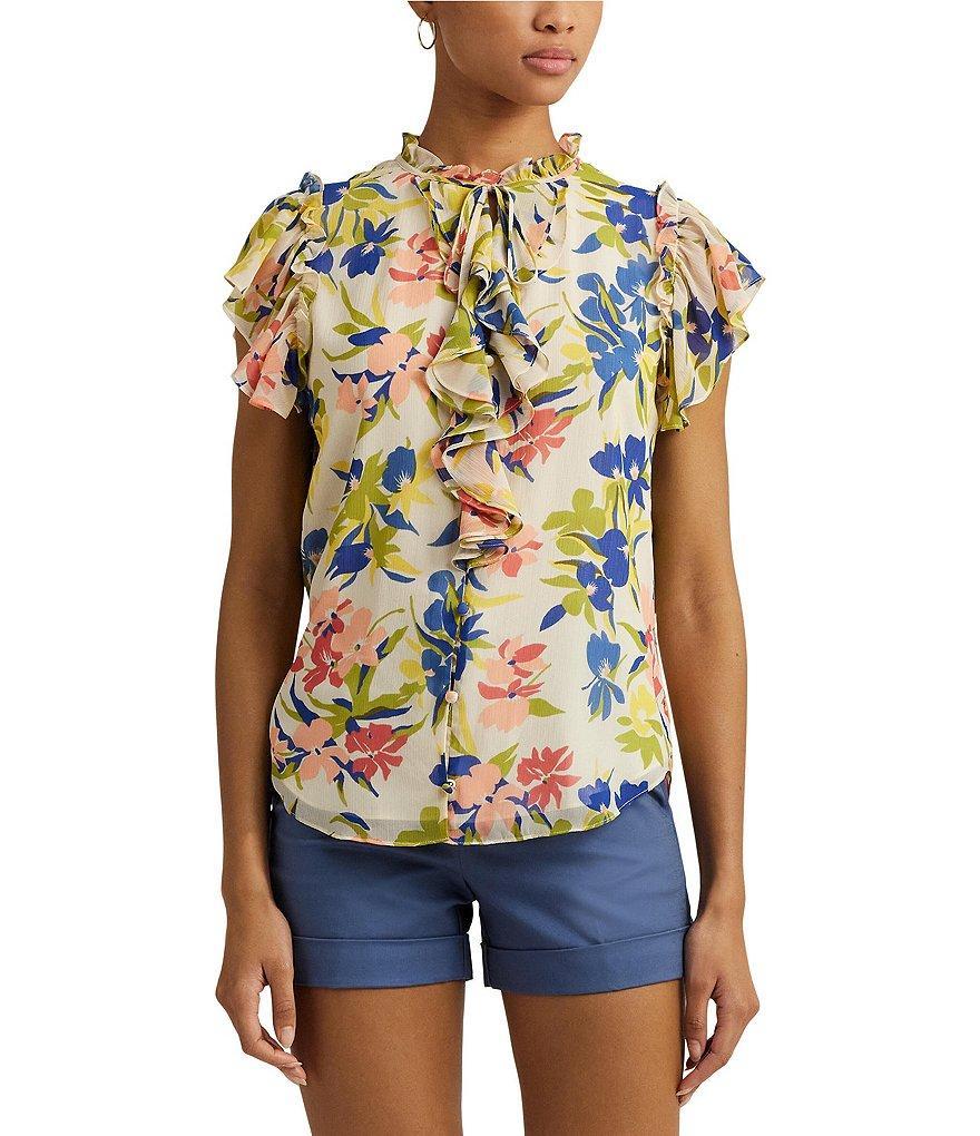 Lauren Ralph Lauren Floral Crinkle Georgette Ruffle Trim Tie Round Neck Flutter Cap Sleeve Blouse Product Image