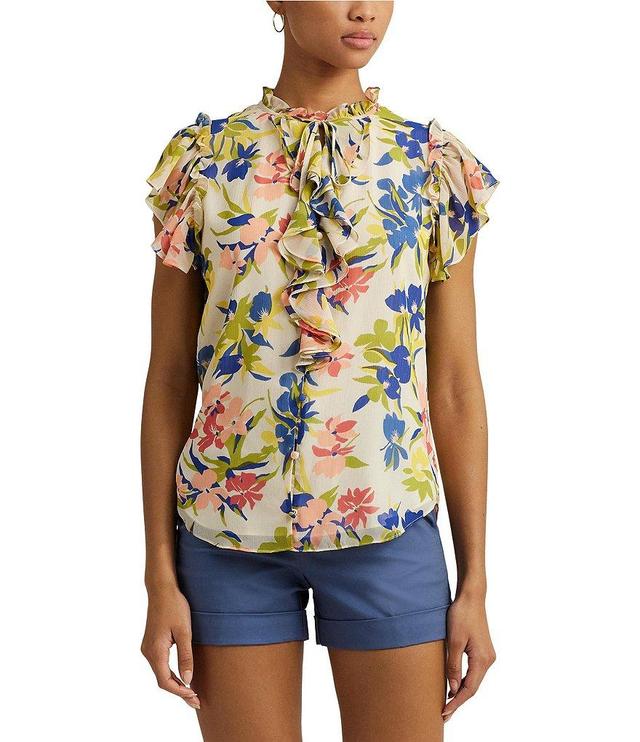 Lauren Ralph Lauren Petite Size Crinkle Georgette Floral Ruffle Trim Tie Round Neck Flutter Cap Sleeve Blouse Product Image