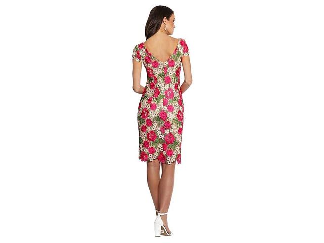 XSCAPE Short Sleeve Embroidered Lace Sheath (Fuchsia/Nude) Women's Clothing Product Image