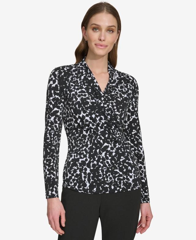 Dkny Womens Prints Side-Ruched Long-Sleeve Top - Black Product Image