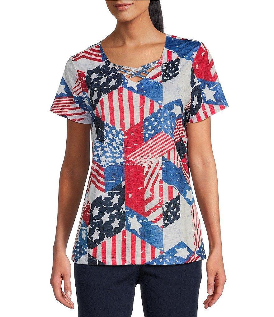 Allison Daley Flag Patchwork Print Short Sleeve Criss Cross V-Neck Knit Top Product Image