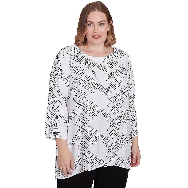 Plus Size Alfred Dunner Geometric Woven Top with Necklace, Womens Product Image