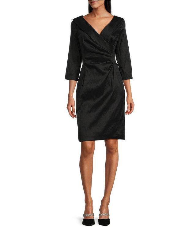 Alex Evenings Portrait Collar 3/4 Sleeve Ruched Waist Stretch Taffeta Sheath Cocktail Dress Product Image