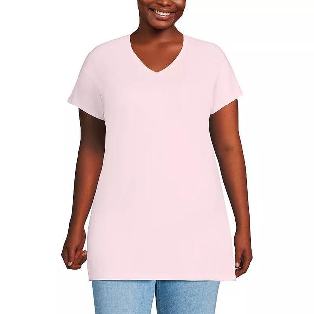 Plus Size Lands End Short Sleeve Jersey Extra Long V-Neck Tunic Top, Womens Product Image