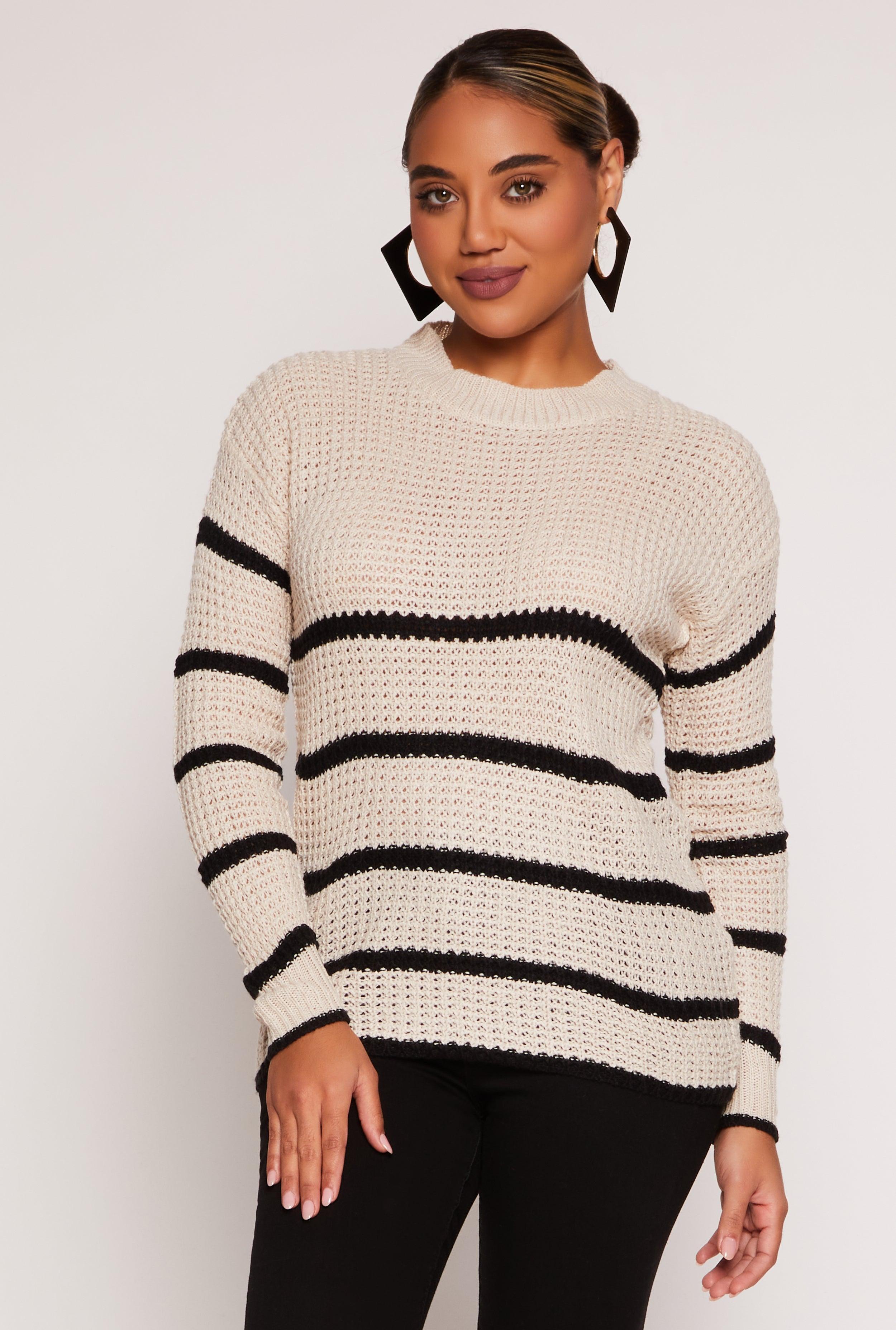 Womens Knit Striped Crew Neck Pullover Sweater Product Image