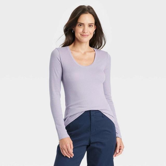 Womens Long Sleeve Scoop Neck Ribbed T-Shirt - A New Day Lavender XS Product Image