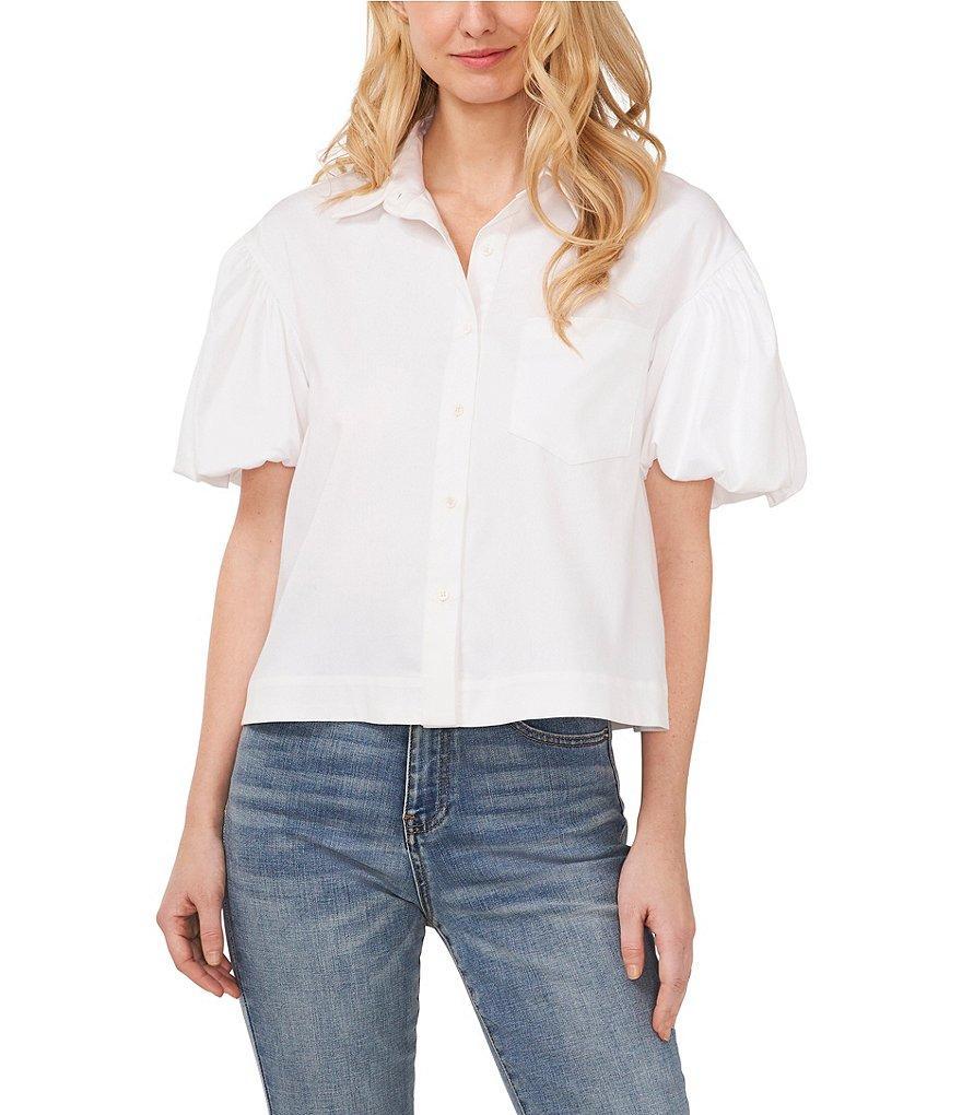 CeCe Poplin Point Collar Short Bubble Sleeve Button Front Shirt Product Image