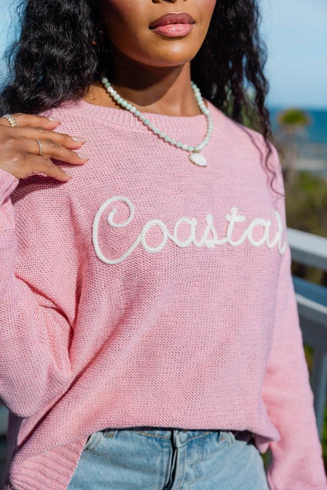 Off To The Beach Pink Coastal Script Sweater Product Image