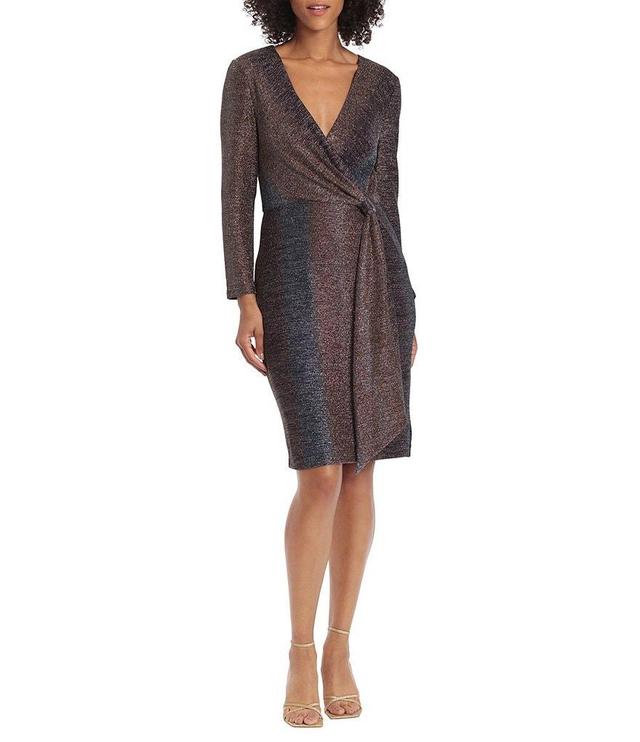 Maggy London Stretch Metallic Long Sleeve Surplice V-Neck Faux Wrap Dress Product Image