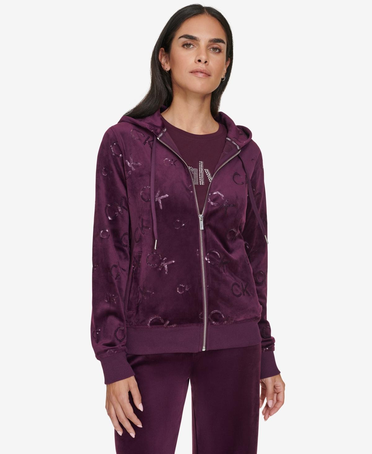 Calvin Klein Womens Sequin-Logo Velour Zip-Front Hoodie Product Image