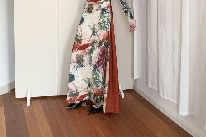 Off Shoulder Long Sleeve Floral Print Maxi A-Line Dress Product Image