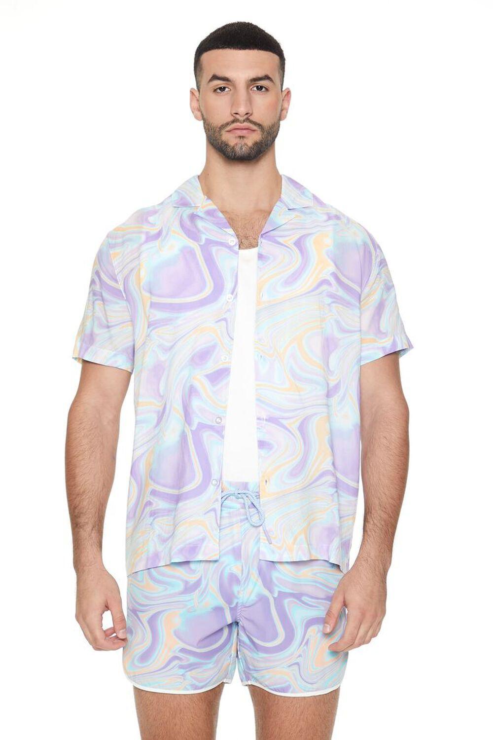 Oil Slick Print Short Inseam Swim Trunks | Forever 21 Product Image