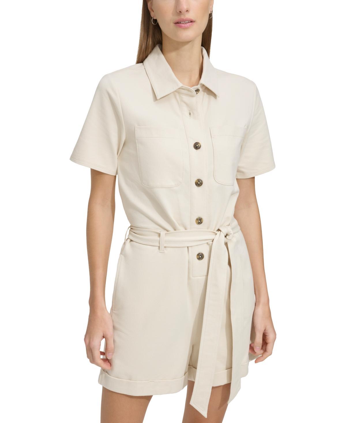 Andrew Marc Sport Womens Button-Front Tie-Waist Twill Romper Product Image