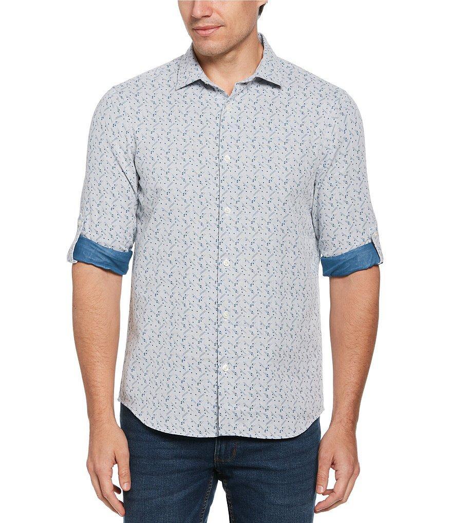 Perry Ellis Geo Print Roll-Sleeve Woven Shirt Product Image