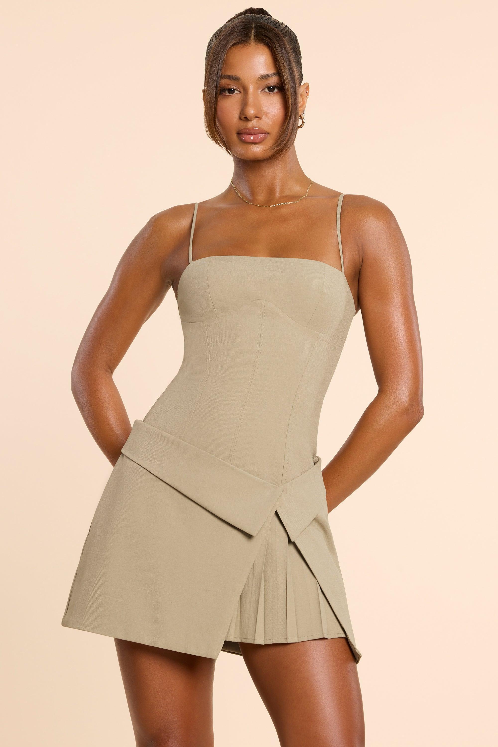 Woven Twill Wrap Over Pleated Mini Dress in Taupe Product Image