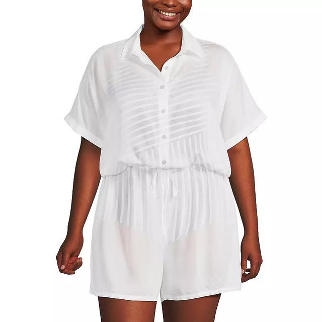 Plus Size Lands End Relaxed Short Sleeve Button Front Swim Cover-Up Romper, Womens Product Image