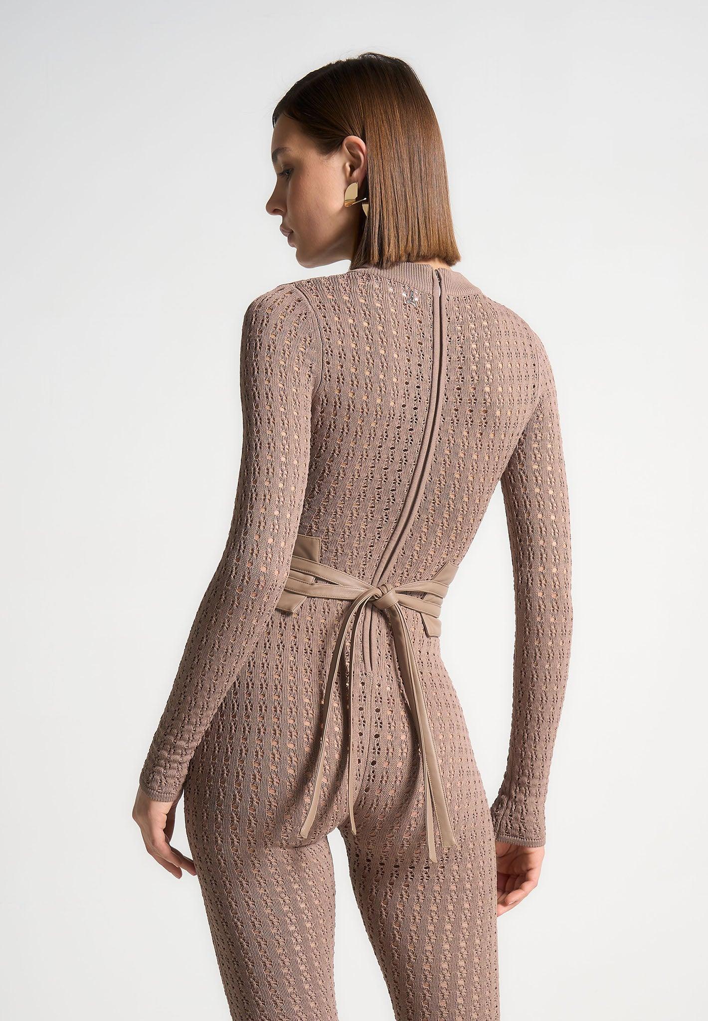 Pointelle Knit Long Sleeve Jumpsuit with Belt - Taupe Female Product Image