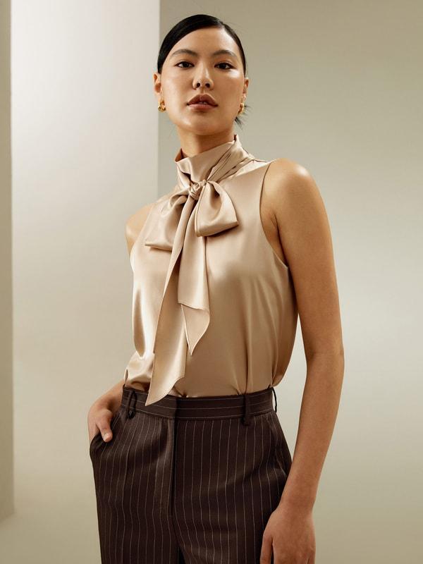 Sleeveless Tie-Neck Silk Blouse Product Image