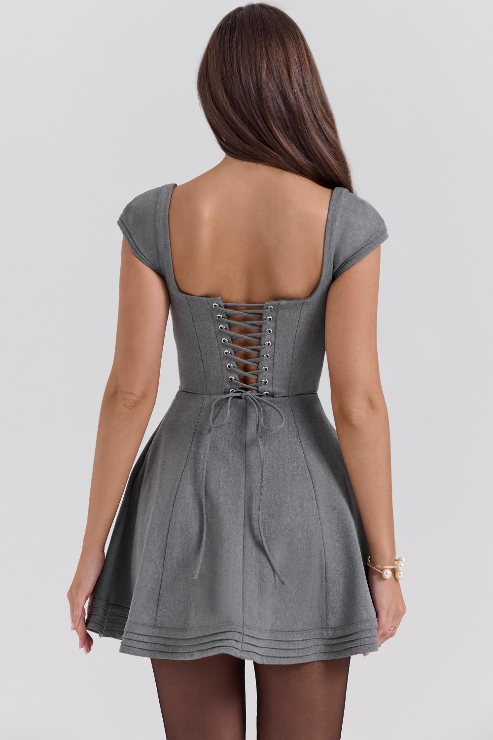 Cheri French Grey Fitted Mini Dress with Voluminous Skirt Product Image