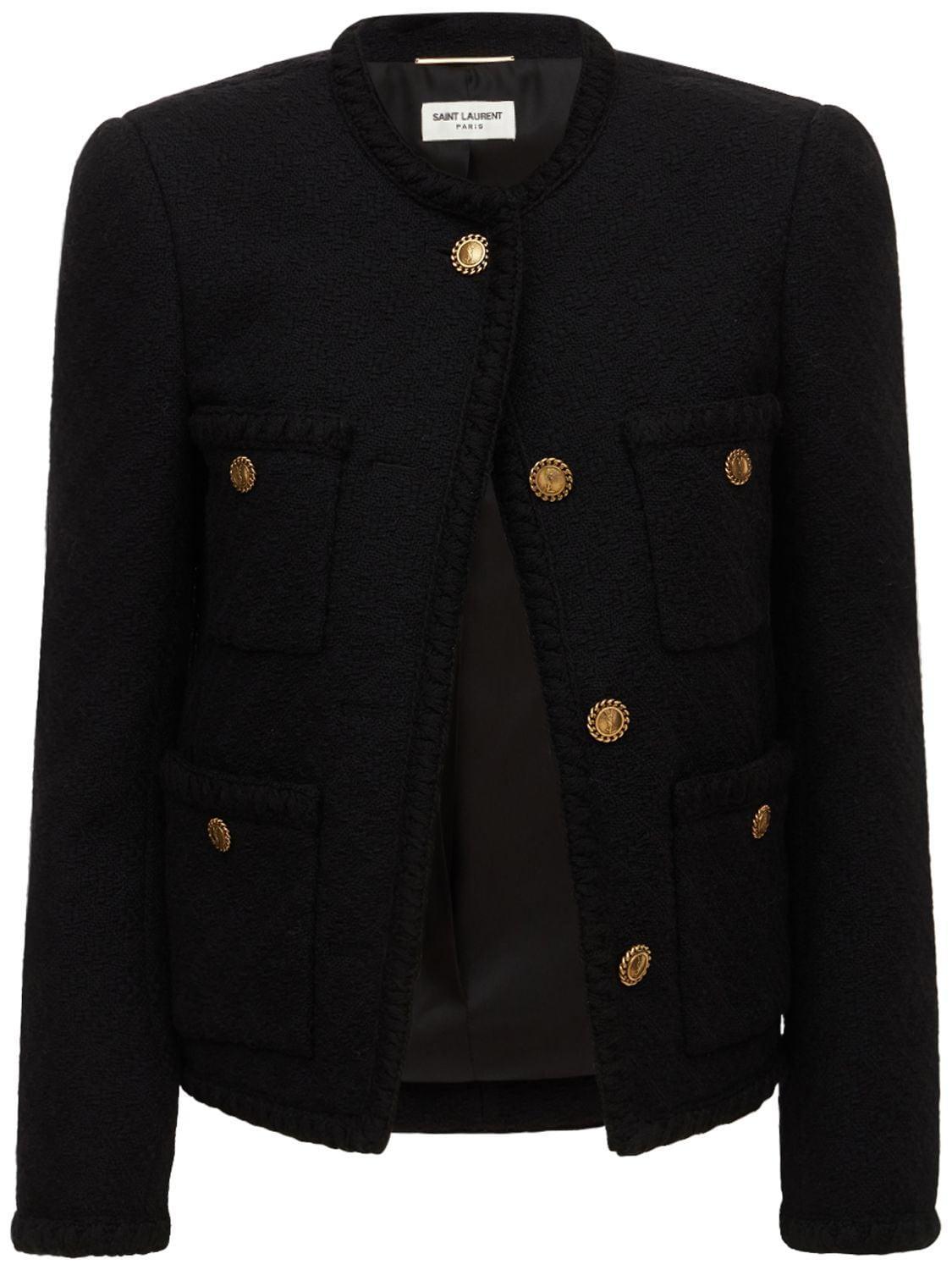 SAINT LAURENT Collarless Tweed Jacket W/ Four Pockets In Noir Product Image