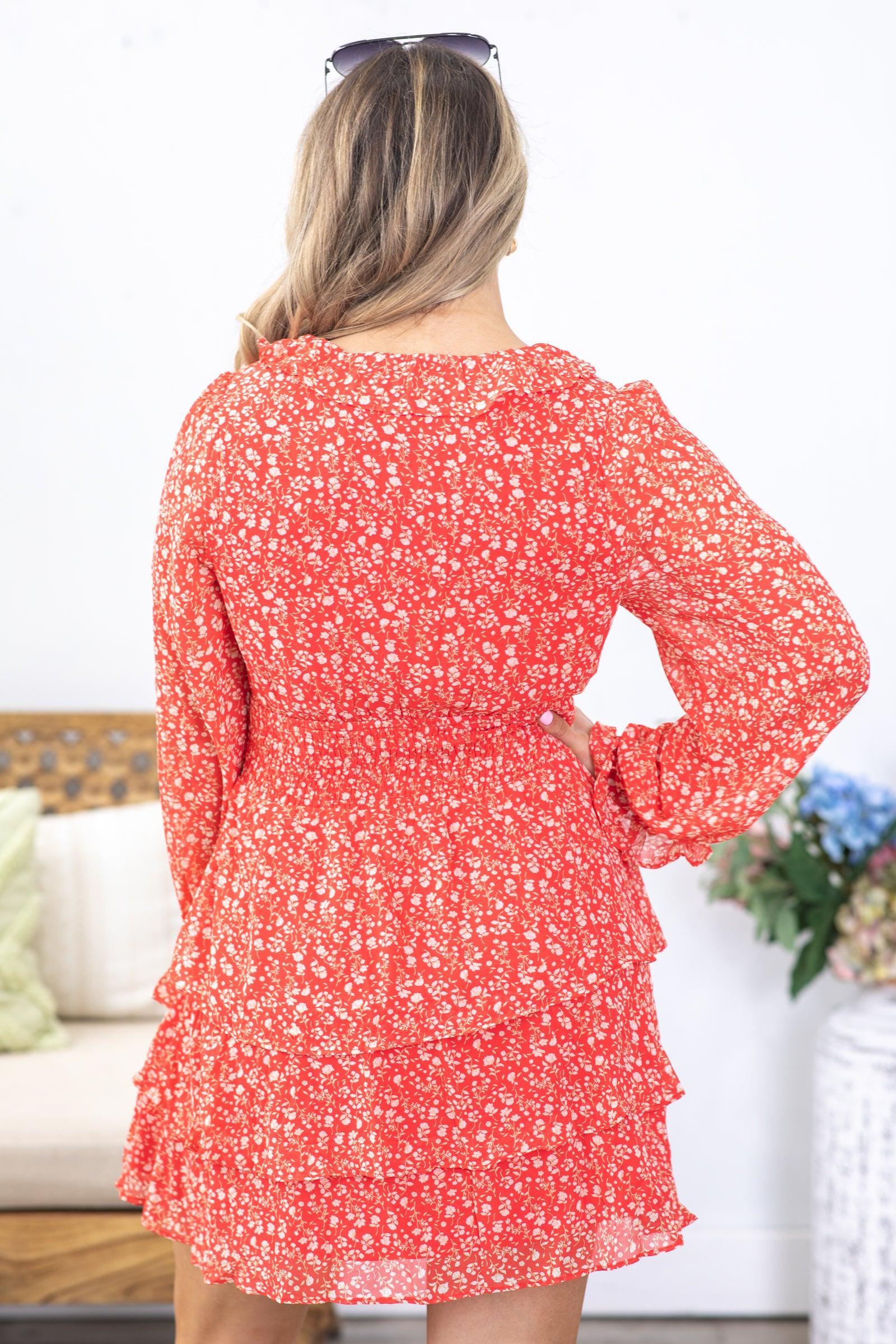 Red Ditsy Floral Smocked Waist Dress Product Image