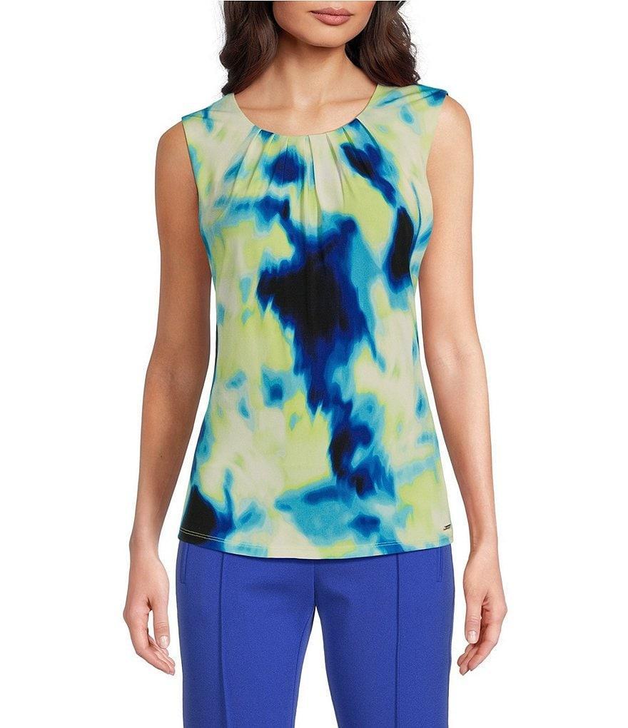 Calvin Klein Knit Tie Dye Print Pleated Crew Neck Sleeveless Cami Top Product Image