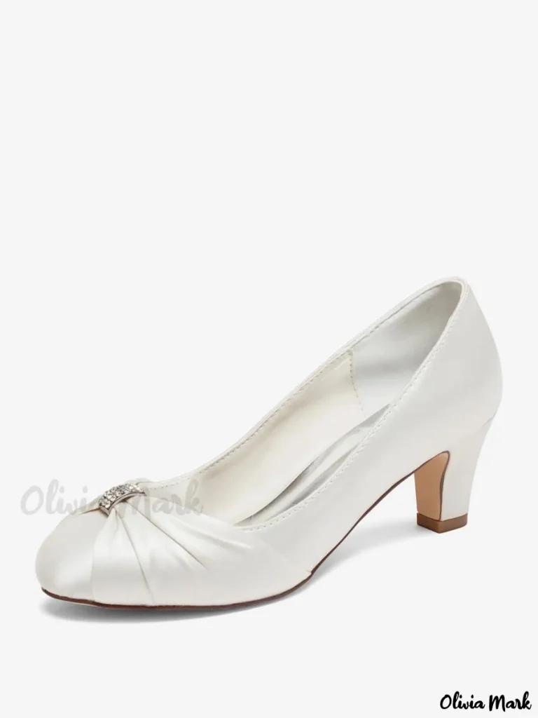 Olivia Mark – Elegant Vintage Satin Round Toe Bridal Shoes with Rhinestones and Mid Heel for Wedding Occasions Product Image