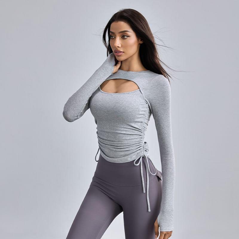 Long Sleeve Crew Neck Plain Cutout Drawstring T-Shirt Product Image