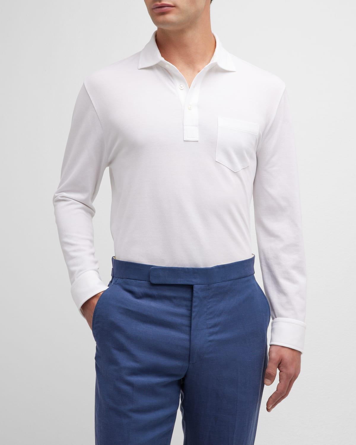 Mens Washed Long-Sleeve Pocket Polo Shirt, White Product Image