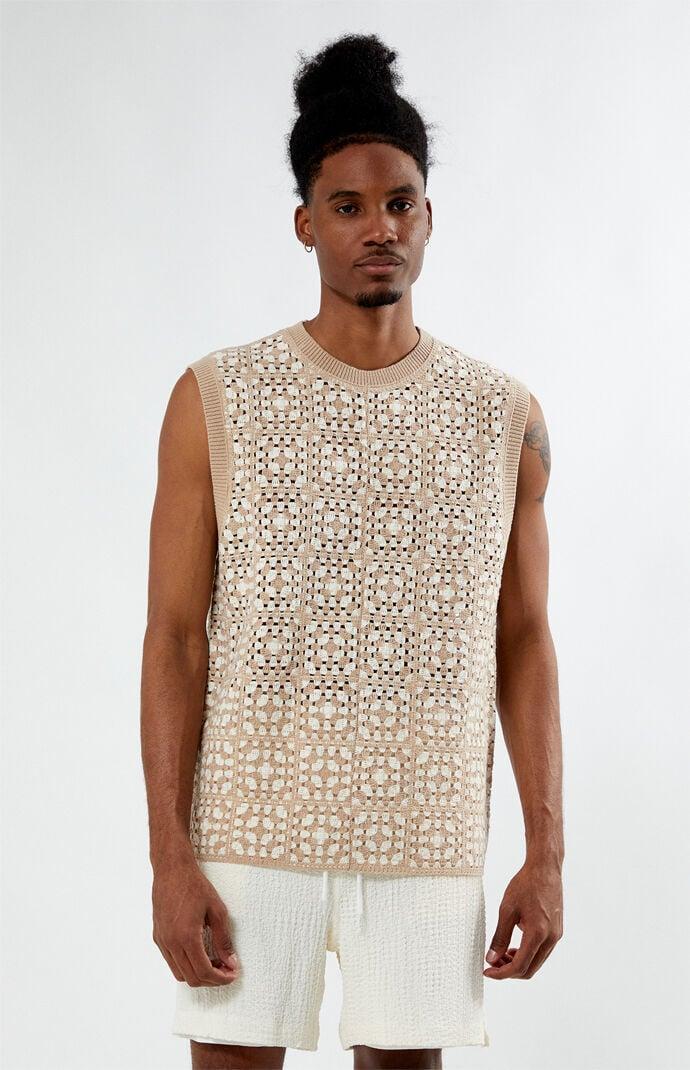 Men's Crochet Vest in Tan/White - Product Image