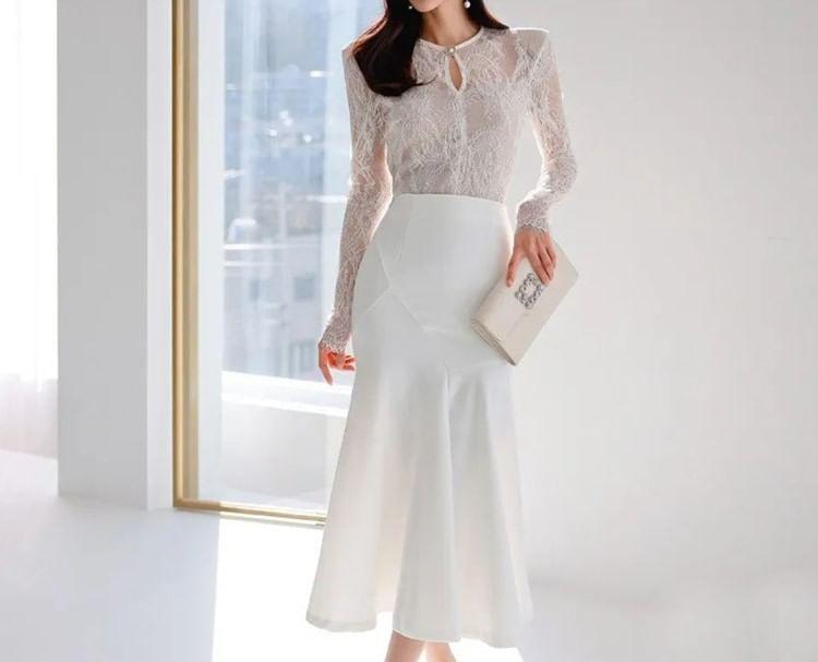 Long-Sleeve Cutout Lace Panel Midi A-Line Dress Product Image