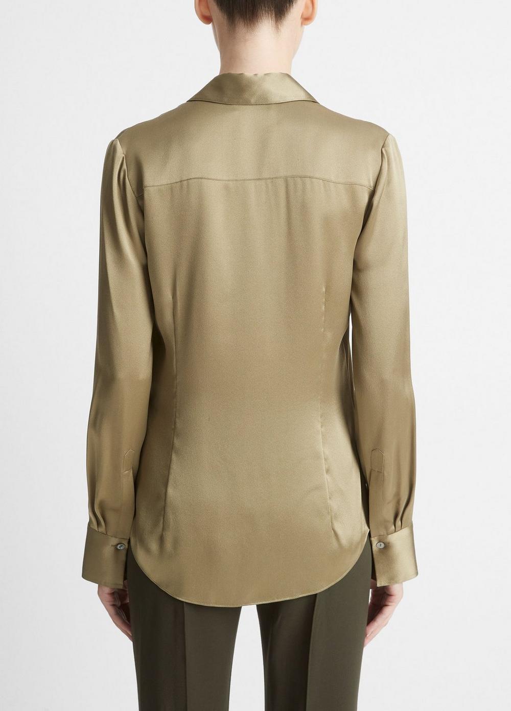 Silk Chest-Pocket Long-Sleeve Blouse Product Image