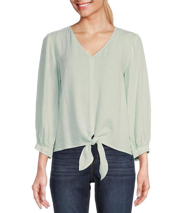 Westbound Petite Size Woven 3/4 Sleeve V-Neck Pullover Tie Front Top Product Image