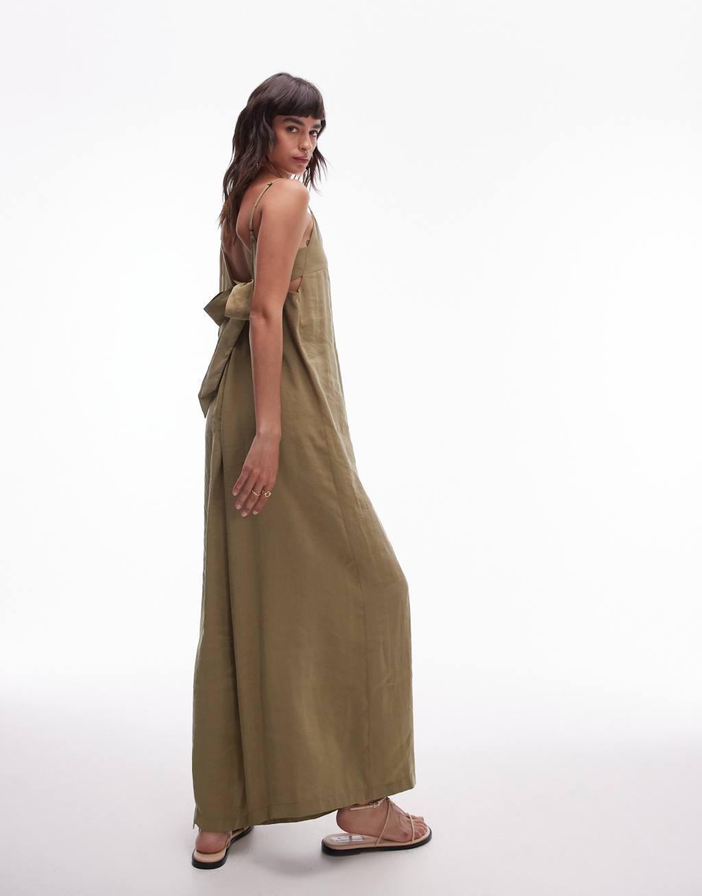 Topshop cami wide leg jumpsuit with tie back in khaki Product Image