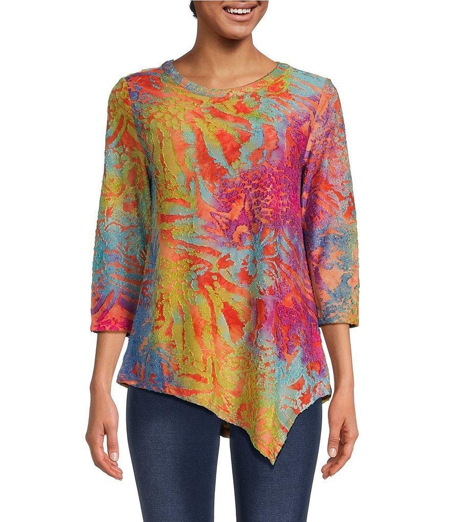 Calessa Petite Size Tie-Dye Burnout Knit Crew Neck 3/4 Sleeve Asymmetric Hem Tunic Product Image