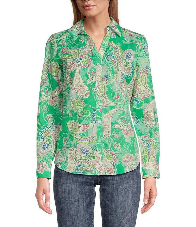 Foxcroft Mary Y-Neck Point Collar Long Sleeve Button Front Shirt Product Image