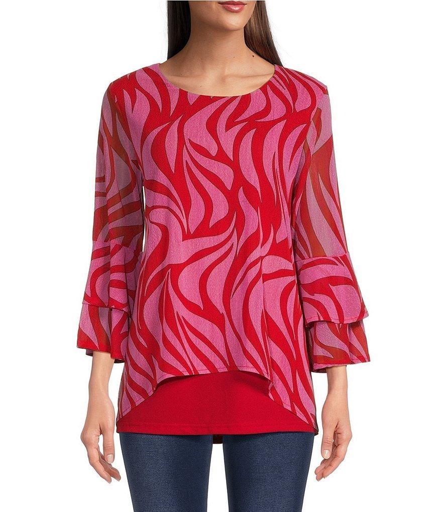 Calessa Mesh Knit Abstract Print Scoop Neck Long Sleeve Blouse product image