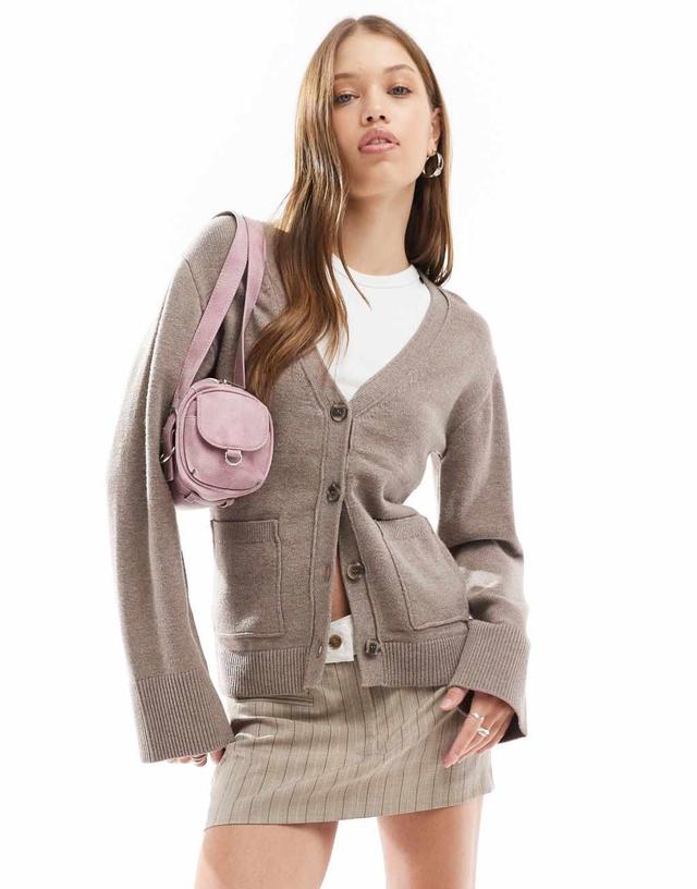 Cotton On v neck cardigan with pockets in mink brown Product Image