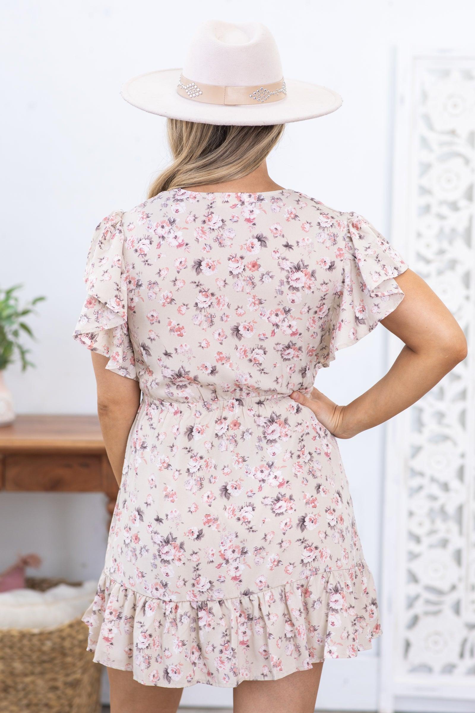 Beige Floral Print Frill Short Sleeve Dress Product Image