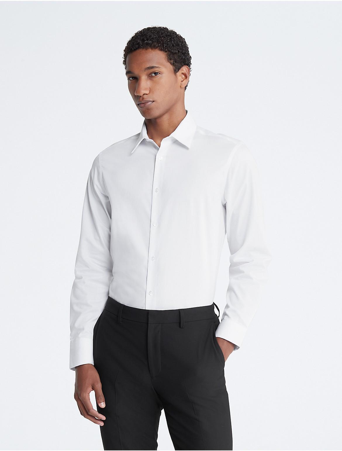 Calvin Klein Mens Steel Slim Fit Solid Herringbone Dress Shirt - White - 17/34-35 Product Image