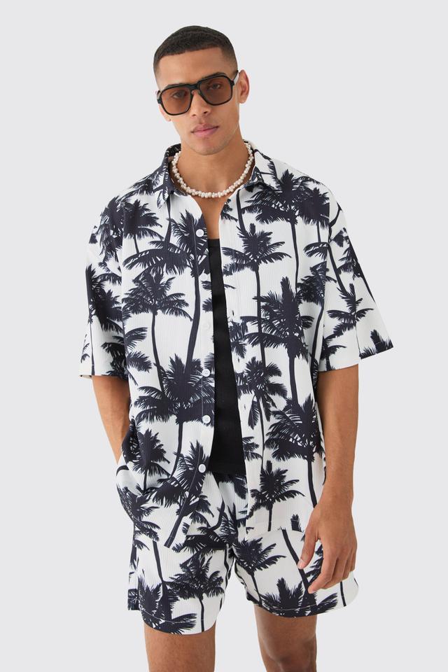 Oversized Pleated Palm Tree Print Shirt & Short Set | boohooMAN USA Product Image