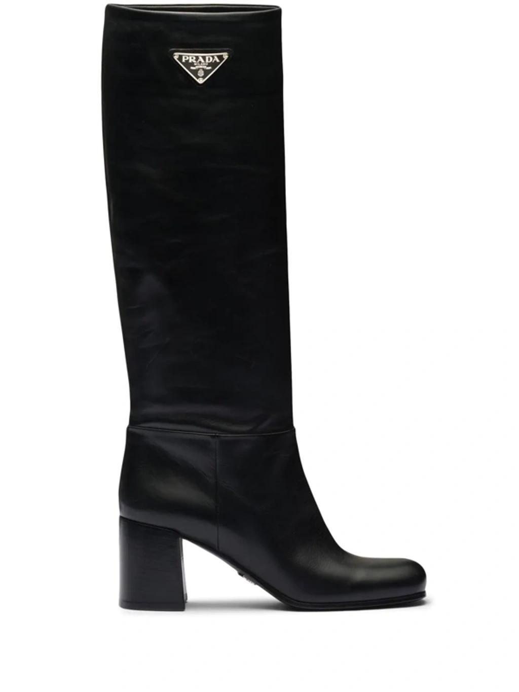 Logo Plaque Leather Boots In Black Product Image