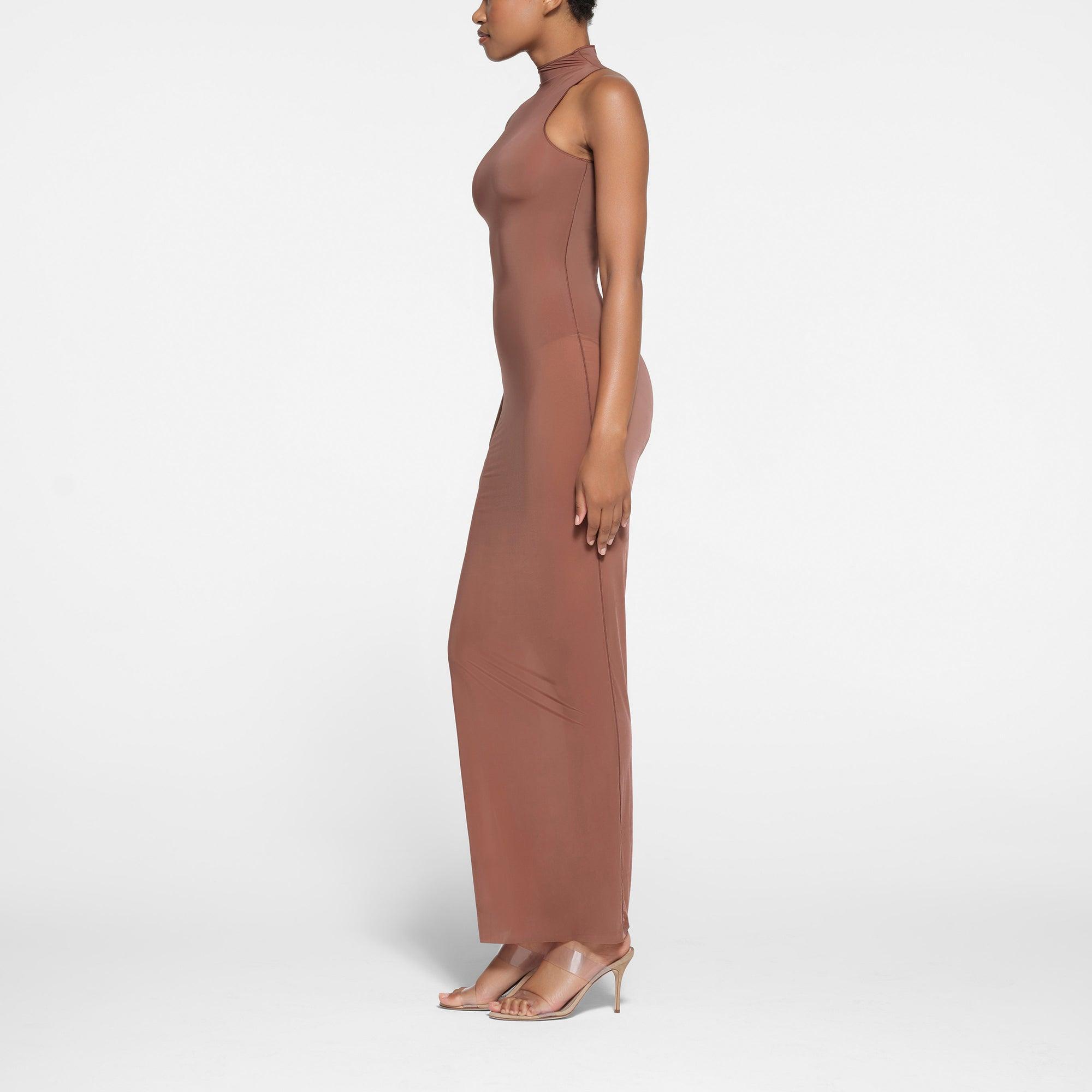 MILKY SHEER LOW BACK LONG DRESS | BRANDY Product Image