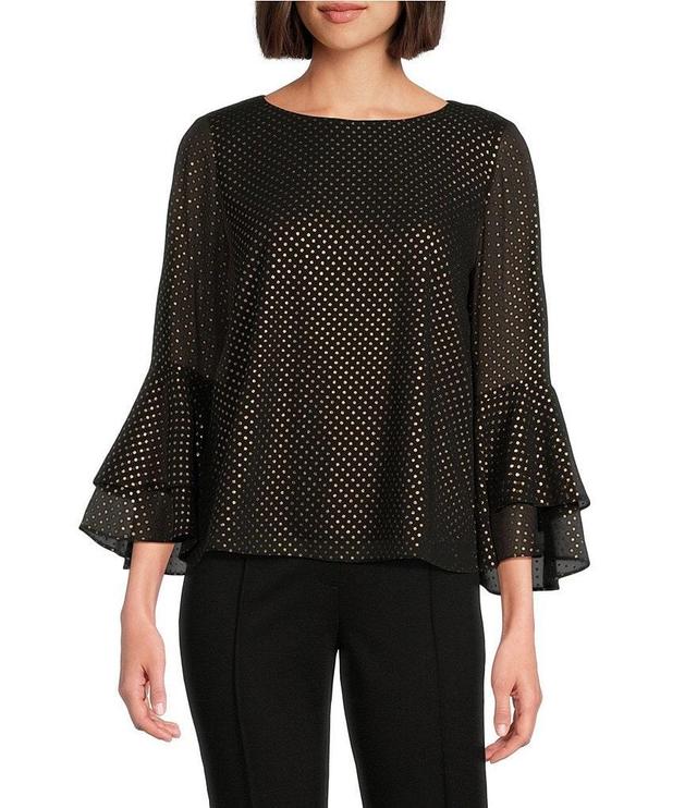 Kasper Polka Dot Crew Neck Tiered 3/4 Flutter Sleeve Top Product Image