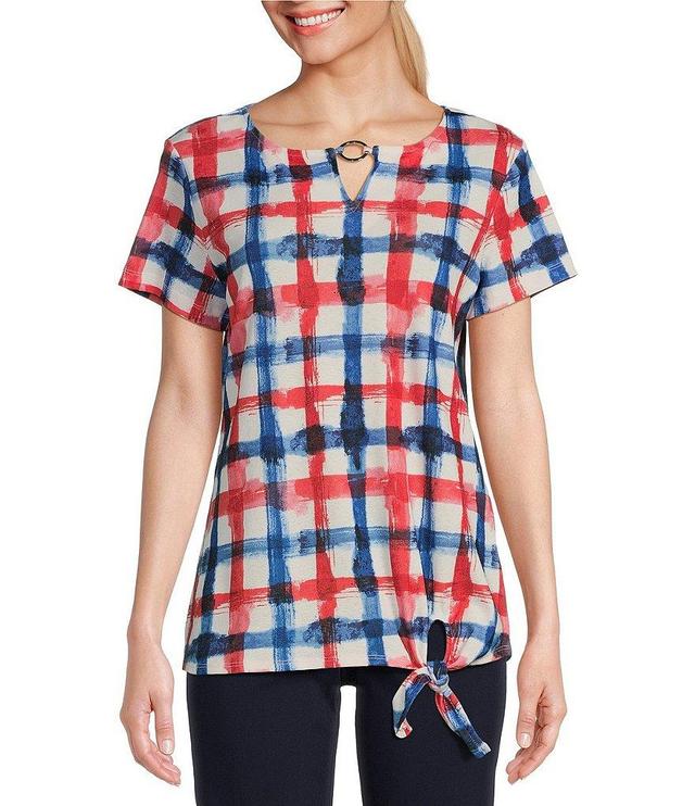 Allison Daley Petite Size Watercolor Plaid Short Sleeve Keyhole Neck Tie Hem Gauze Knit Top Product Image