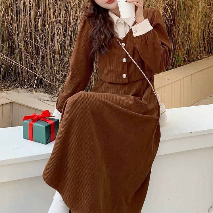 Mock Two-Piece Long-Sleeve Collar Two Tone Button Corduroy Midi A-Line Dress Product Image