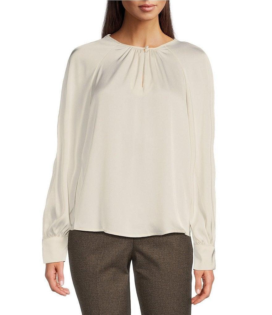 Calvin Klein Petite Size Woven Pleated Keyhole Crew Neck Long Sleeve Blouse Product Image