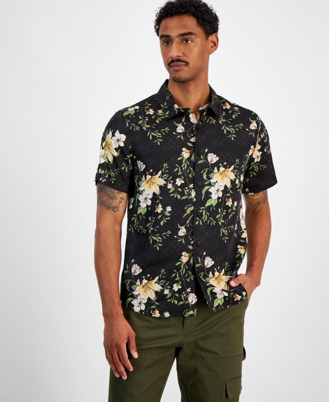 Guess Mens Charm Midnight Short Sleeve Button-Front Floral Print Shirt Product Image