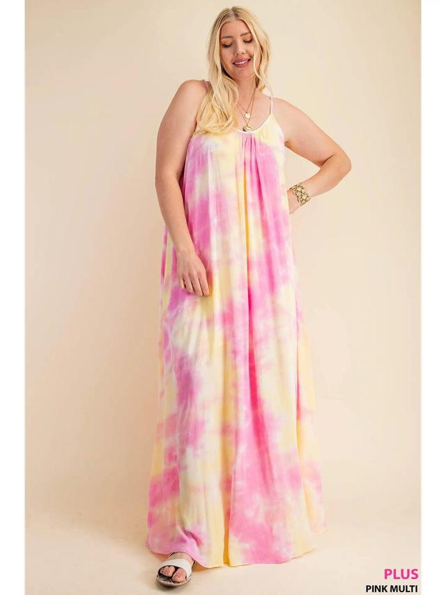 Pink and Yellow Soft Tie-Dye Fabrication Strappy Maxi Dress Product Image